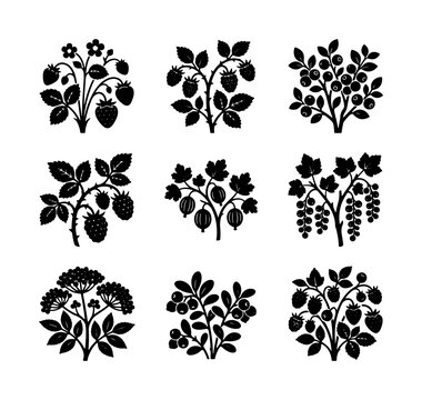 Berry bush silhouettes set with strawberry, raspberry, blueberry, gooseberry and currant for food and nature logos