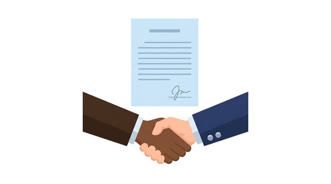 Business agreement and handshake illustration with document and signatures representing partnership and successful deal