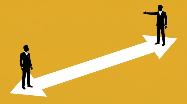 Businessmen maintaining social distance with an arrow pointing between them black silhouette on yellow background