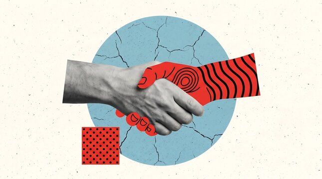 Creative collage of a handshake symbolizing agreement with abstract geometric shapes and cracked textures