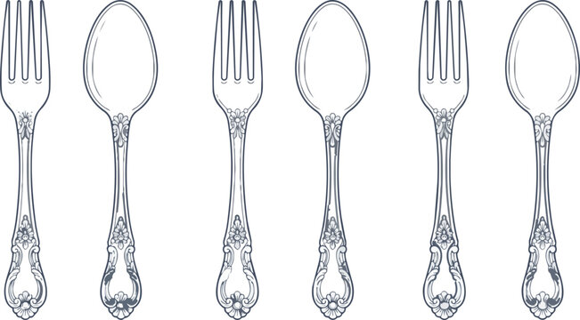 Vintage silverware vector illustration set featuring ornate forks and spoons on transparent background