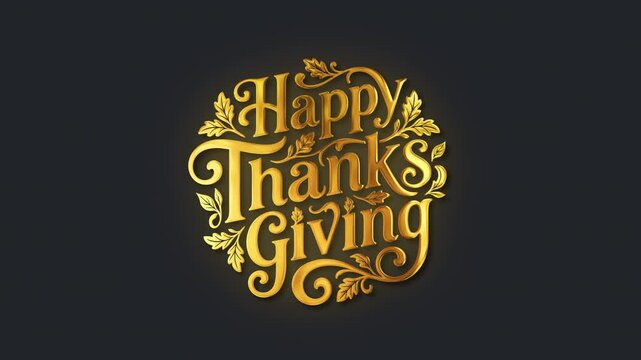 Golden happy thanksgiving logo seamless loop isolated text animation on transparent alpha channel background for video overlay with glow and drop shadow. 4K motion graphic