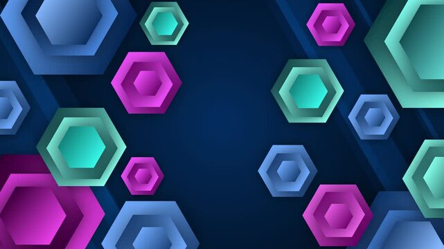 Colorful Glowing Hexagon Technology Background Animation, Colorful glowing hexagon frames in blue, teal and pink surround a dark navy background, creating a modern abstract technology design
