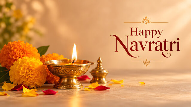 Happy Navratri greeting with a glowing brass diya and orange marigold flowers on a warm beige background, creating a clean festive banner with elegant copy space for seasonal celebration.