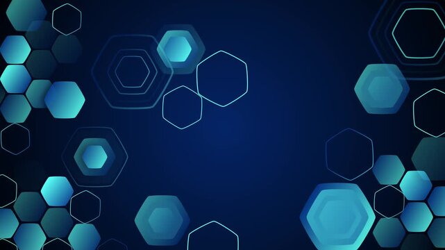 Abstract hexagon technology background animation, Abstract white and gray technology background with dark blue hexagons, molecular shapes, soft diagonal lines, and open space for text.