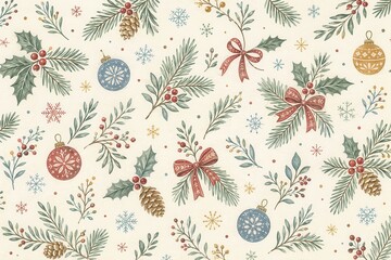 Fototapeta premium Vintage Christmas botanical pattern with holly, pine, ornaments