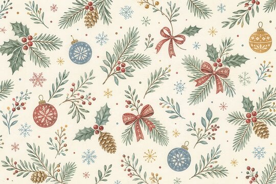 Vintage Christmas botanical pattern with holly, pine, ornaments