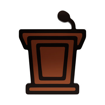 Brown wooden speaker podium icon with a microphone attached for public speaking and conference events isolated on a transparent background