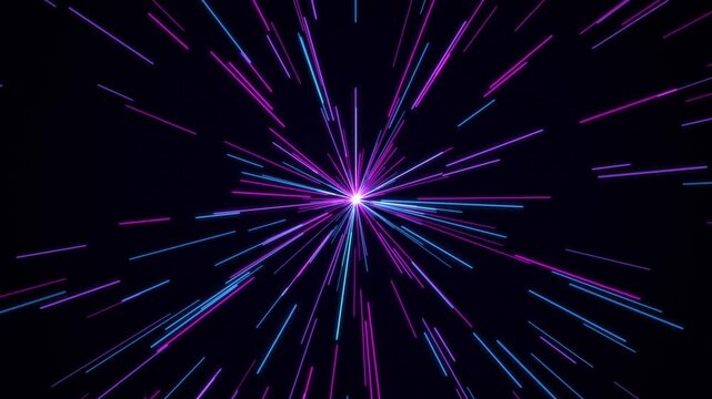 Abstract space warp speed animation with purple and blue neon light streaks flying through dark void creating