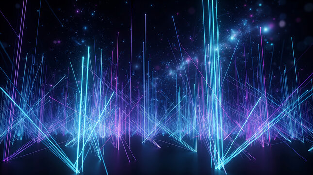 Futuristic digital network graphic element with glowing lines and cosmic particles