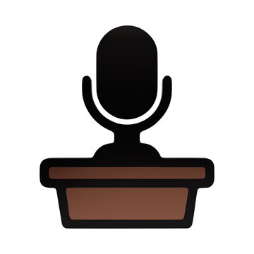 Minimalist brown and black icon featuring a microphone on a stand behind a speaker podium broadcast isolated on a transparent background