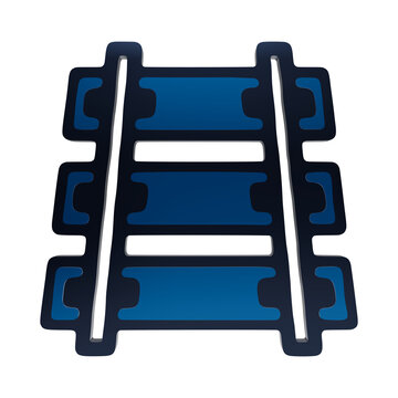 Stylized 3D blue railroad track icon with parallel metallic rails and cross ties on a dark background isolated on a transparent background
