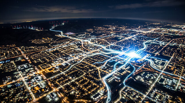 Glowing city grid at night with renewable wind energy