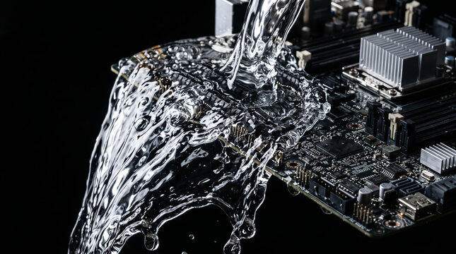 Water pouring over computer motherboard