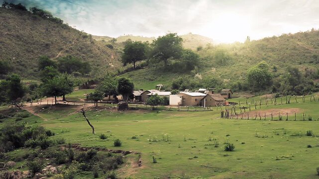 Scenic View of Rural Houses and Green Hills in Trancas Tucuman Argentina - 4K