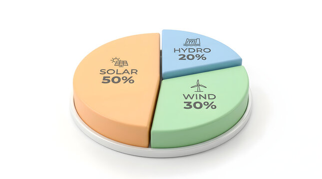 Isometric three dimensional pie chart showing the percentage breakdown of clean renewable energy sources like solar power wind and hydroelectric energy