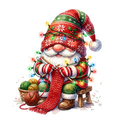 Fototapeta premium Christmas gnome knitting a red scarf with festive fairy lights