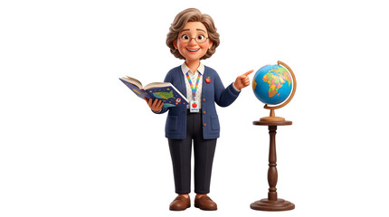 Fototapeta premium 3D render female teacher pointing at world globe, friendly educator holding open book, geography lesson banner