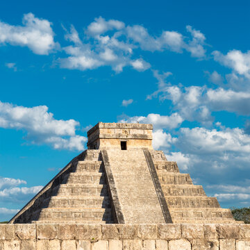 Kukulkan (El Castillo) pyramid with equinox shadows, Chichen Itza, Mexico.