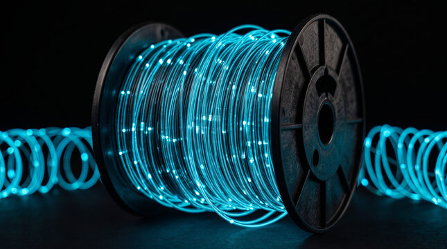 Glowing fiber optic cable spool in the dark
