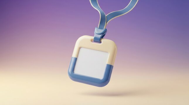 3D render of a blank name tag lanyard badge with blue and cream plastic frame for corporate identity and event access