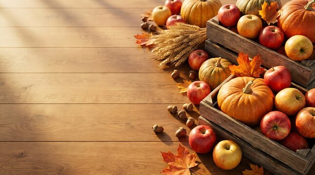 Autumn harvest of pumpkins and apples in a rustic wooden crate with warm light