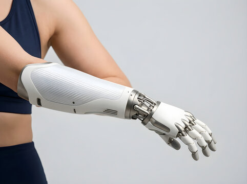A woman wearing an advanced bionic robotic prosthetic arm and hand, futuristic technology concept