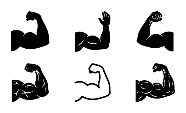 Bicep flexing silhouettes set with muscle arms and poses for fitness and gym logo