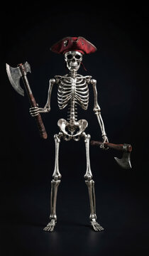 Silver skeleton wearing red hat holding double axes black background