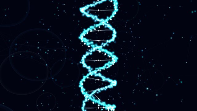 Glowing blue and white DNA double helix rotating vertically against a dark background with abstract scientific particles, perfect for biotech, medical research, and futuristic tech concepts.
