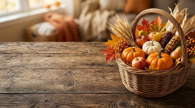 Abundant autumn harvest in a woven basket with warm light and rustic wooden table