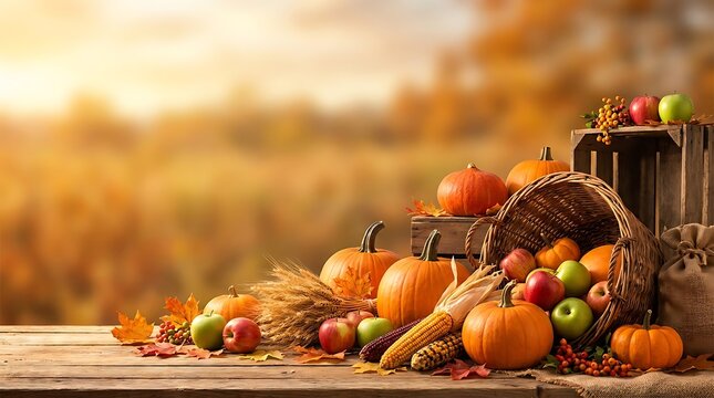 Autumn harvest display with pumpkins gourds and fall foliage background