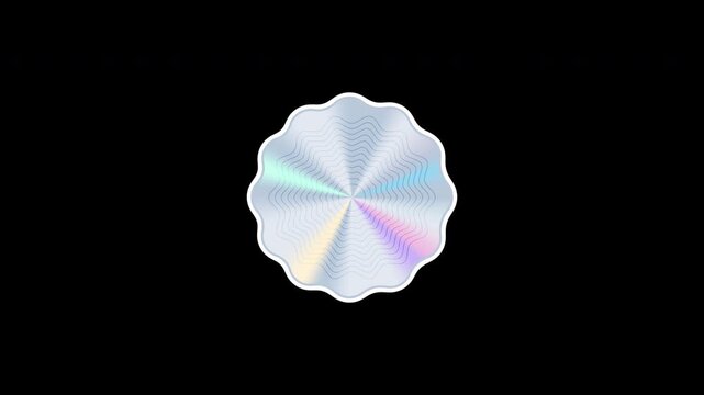 Decorative holographic effect sticker animation with a circular badge with scalloped on a transparent background. Holographic seal with. Seamless animated icon. 4K video overlay isolated element.