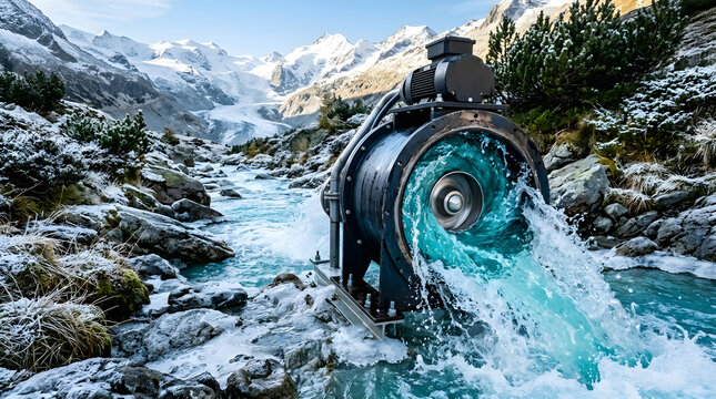 Industrial water pump generating clean energy from a freezing alpine river with snowy mountains in the background