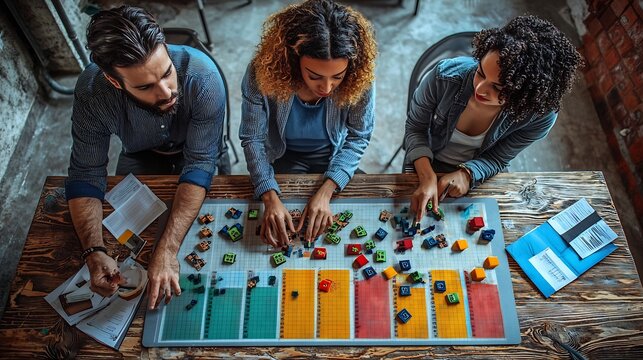 Diverse professional team collaborating on a strategic urban planning project using colorful blocks on a wooden table
