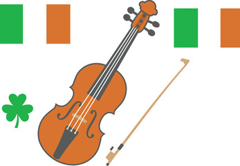 Fototapeta na wymiar Violin and bow with irish shamrock and flag colors, traditional irish music and culture symbol