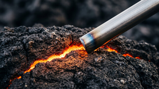 Metal pipe sampling hot magma from a volcanic fissure