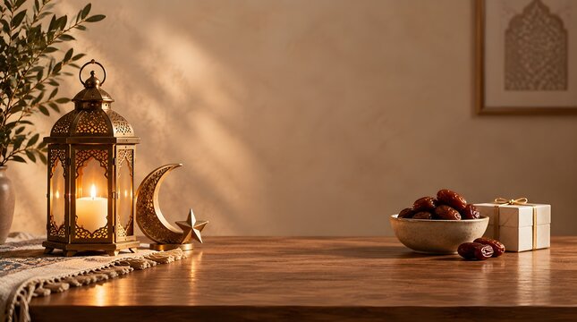 Warm ramadan still life with dates lantern crescent moon and decorative gifts