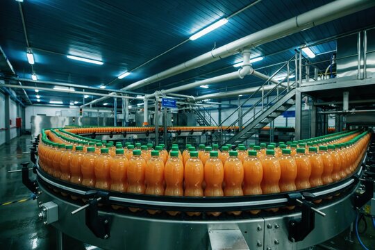Orange juice bottles moving along a conveyor belt in a modern manufacturing plant