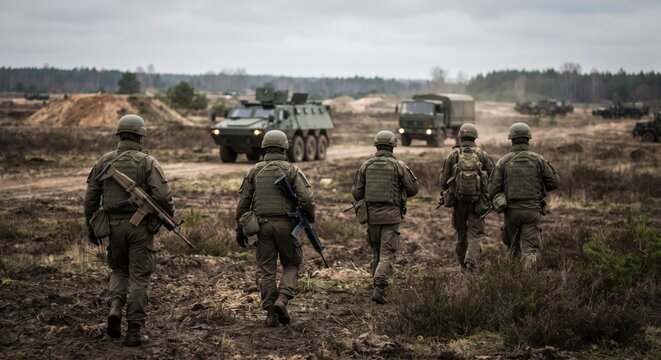 High-angle stock photo of military soldiers in camouflage uniforms and helmets assembled on a muddy field during tactical training exercises.