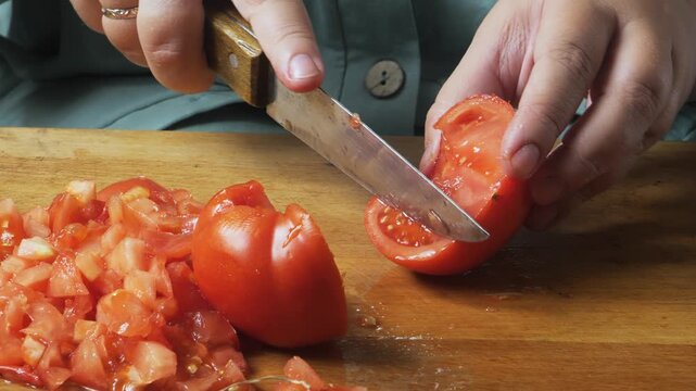 Slicing fresh red tomatoes with a knife on a cutting board on a wooden table