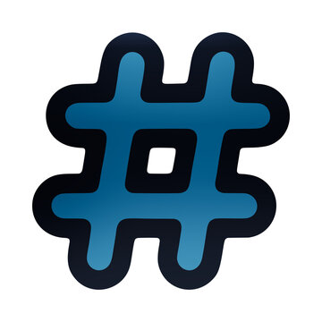 Blue hashtag symbol icon with dark border outline, social media tag for trending and posts pound sign isolated on a transparent background