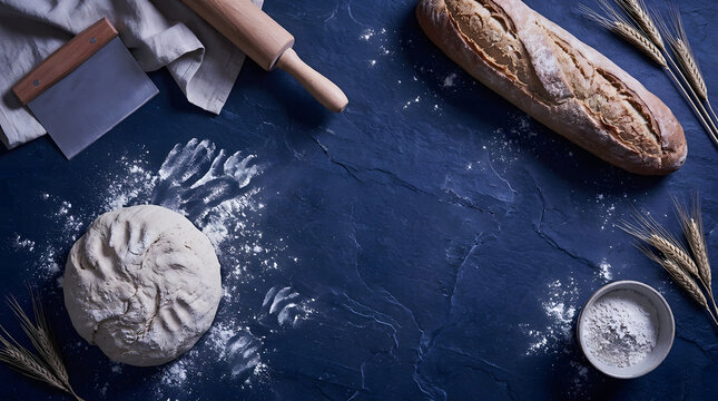 Artisan bread making preparation on dark slate surface
