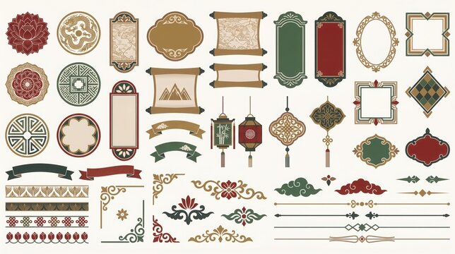 Set of asian ornamental frames borders and decorative elements.