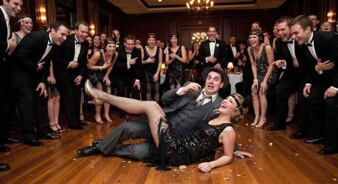 Candid medium shot of a man and a woman at an Art Deco party in 1920s costume sharing a humorous, angry, and competitive moment over a caviar appetizer.