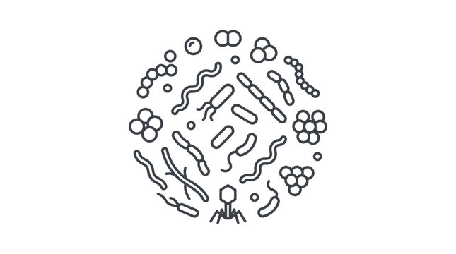 Detailed vector illustration of various microscopic bacteria and viruses arranged inside circular composition