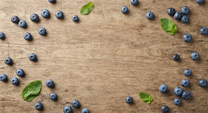 Fresh blueberries and mint leaves frame on rustic wooden background