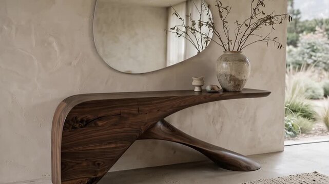 Sculptural wooden console table beneath an organic mirror. Minimalist interior styling with natural decor and contemporary furniture design.