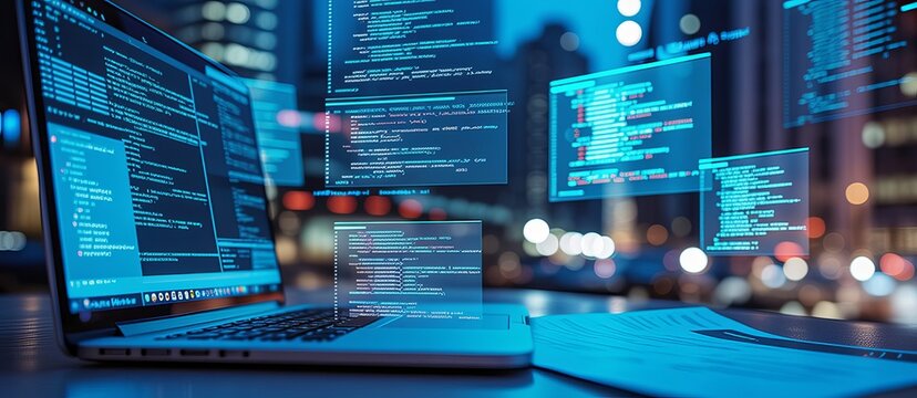 Laptop displaying code with floating digital screens and city lights background, computer coding programming