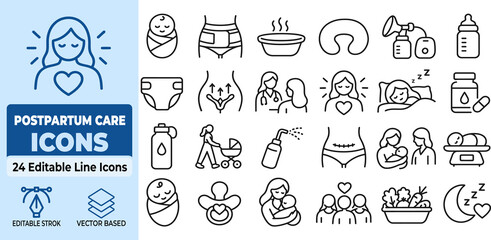 Fototapeta premium Postpartum Care Line Icons Set Vector Illustration Featuring Maternal Health Baby Feeding and Postpartum Recovery Symbols